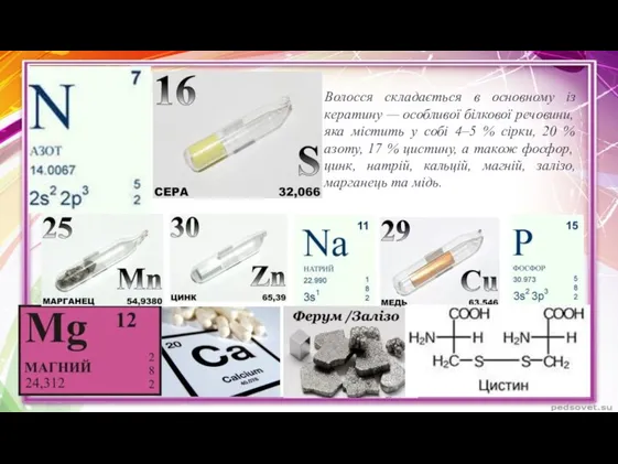 Волосся складається в основному із кератину — особливої білкової речовини,