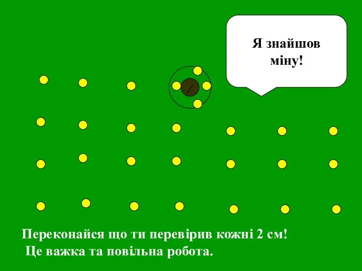 Я знайшов міну! Переконайся що ти перевірив кожні 2 cм! Це важка та повільна робота.