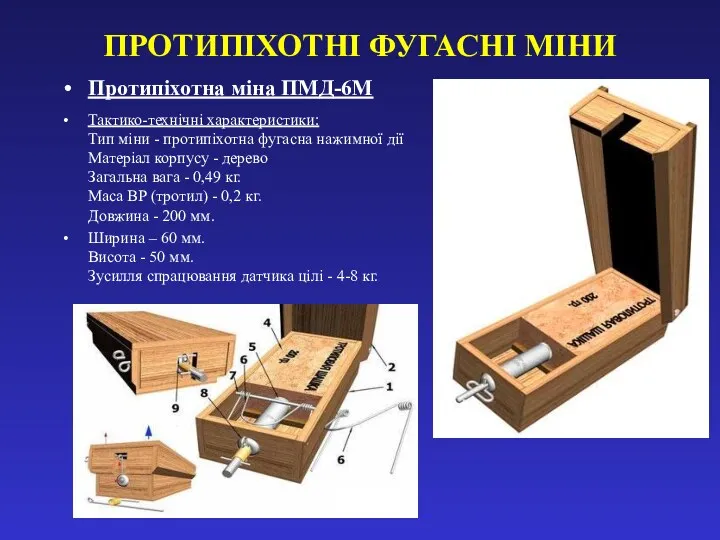 ПРОТИПІХОТНІ ФУГАСНІ МІНИ Протипіхотна міна ПМД-6М Тактико-технічні характеристики: Тип міни