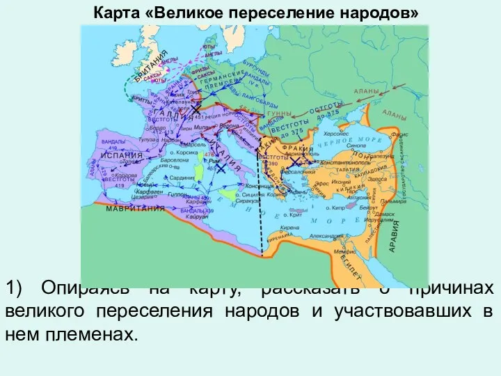 1) Опираясь на карту, рассказать о причинах великого переселения народов