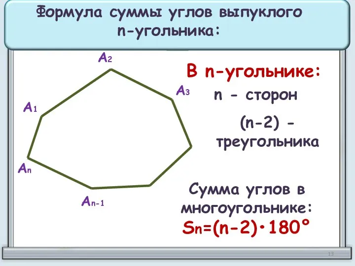 А1 А2 А3 Аn-1 Аn Формула суммы углов выпуклого n-угольника: