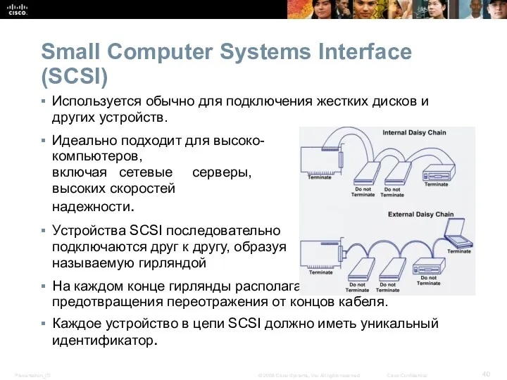 Small Computer Systems Interface (SCSI) Используется обычно для подключения жестких дисков и других