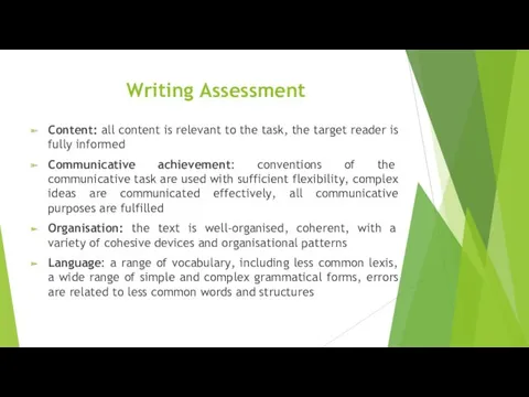 Writing Assessment Content: all content is relevant to the task,