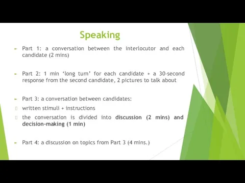 Speaking Part 1: a conversation between the interlocutor and each candidate (2 mins)