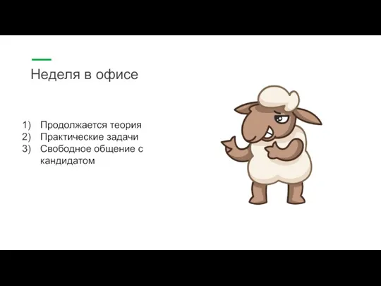 Неделя в офисе Продолжается теория Практические задачи Свободное общение с кандидатом