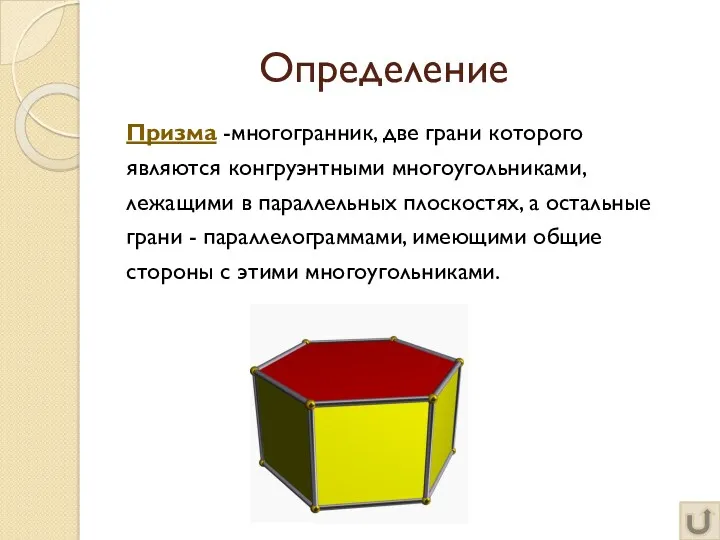 Определение Призма -многогранник, две грани которого являются конгруэнтными многоугольниками, лежащими