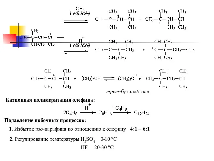 трет-бутилкатион Катионная полимеризация олефина: Подавление побочных процессов: 1. Избыток изо-парафина