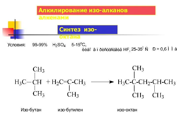 Алкилирование изо-алканов алкенами Синтез изо-октана Условия: Изо-бутан изо-бутилен изо-октан