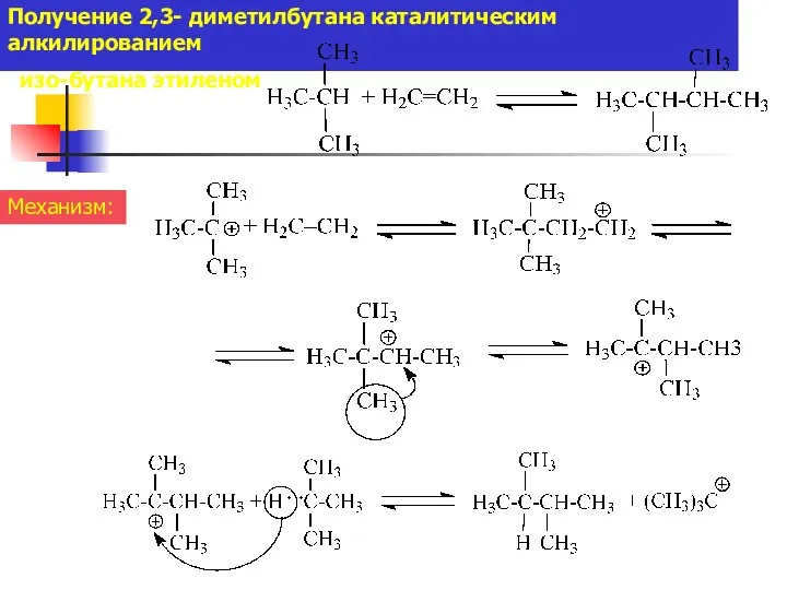 Получение 2,3- диметилбутана каталитическим алкилированием изо-бутана этиленом Механизм: