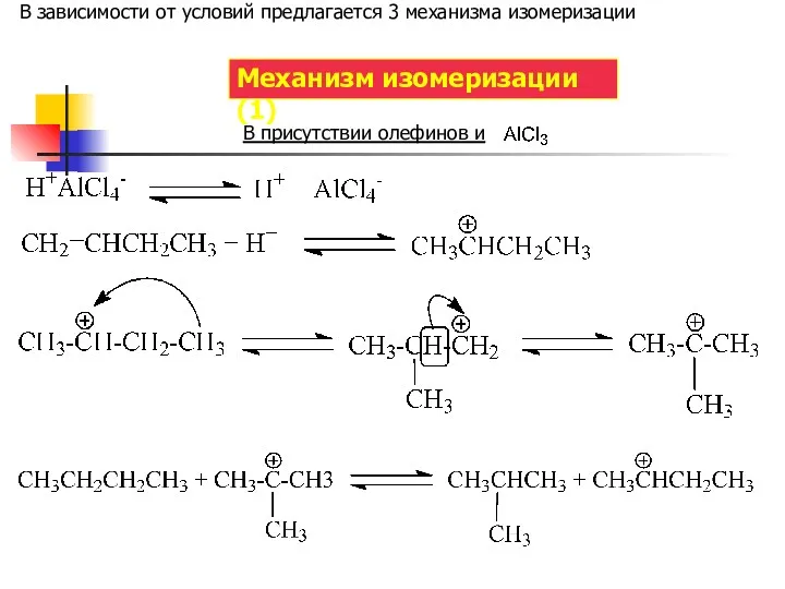 Механизм изомеризации (1) В присутствии олефинов и В зависимости от условий предлагается 3 механизма изомеризации