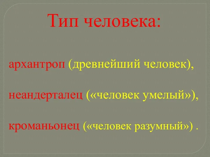 Тип человека: архантроп (древнейший человек), неандерталец («человек умелый»), кроманьонец («человек разумный») .