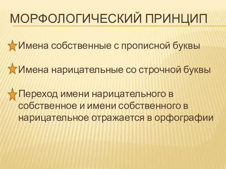 МОРФОЛОГИЧЕСКИЙ ПРИНЦИП Имена собственные с прописной буквы Имена нарицательные со строчной буквы Переход