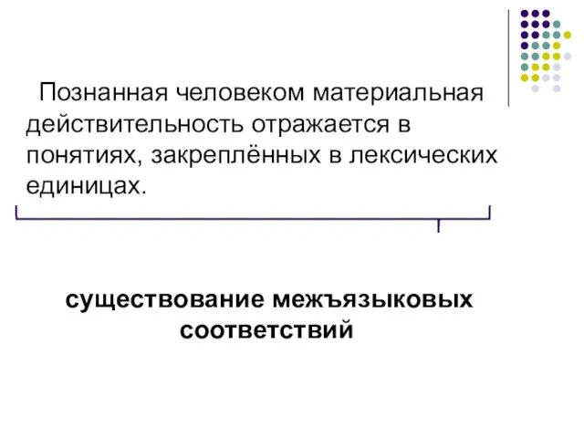 Познанная человеком материальная действительность отражается в понятиях, закреплённых в лексических единицах. существование межъязыковых соответствий