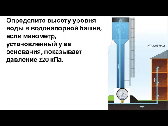 Определите высоту уровня воды в водонапорной башне, если манометр, установленный у ее основания,