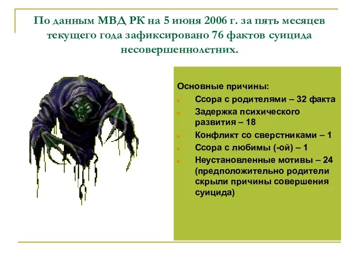 По данным МВД РК на 5 июня 2006 г. за пять месяцев текущего