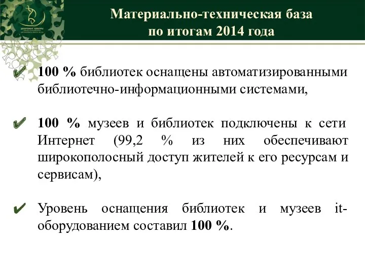 100 % библиотек оснащены автоматизированными библиотечно-информационными системами, 100 % музеев