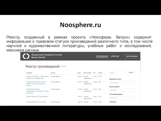 Noosphere.ru Реестр, созданный в рамках проекта «Ноосфера. Запуск» содержит информацию