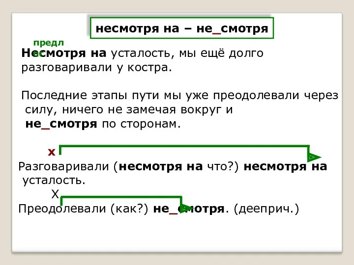 несмотря на – не_смотря Несмотря на усталость, мы ещё долго