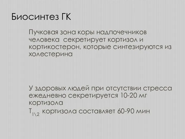 Биосинтез ГК Пучковая зона коры надпочечников человека секретирует кортизол и