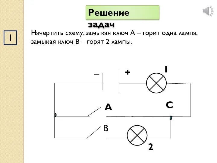 1 Решение задач Начертить схему, замыкая ключ А – горит