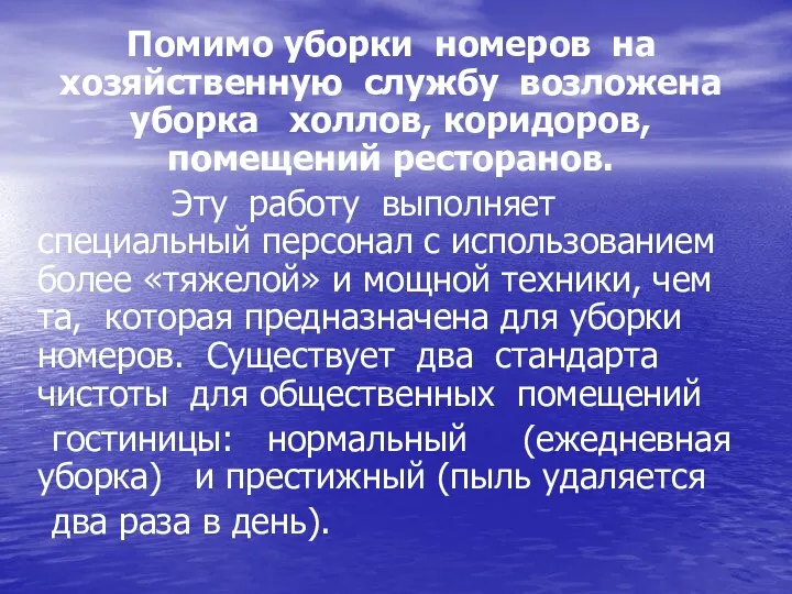 Помимо уборки номеров на хозяйственную службу возложена уборка холлов, коридоров,