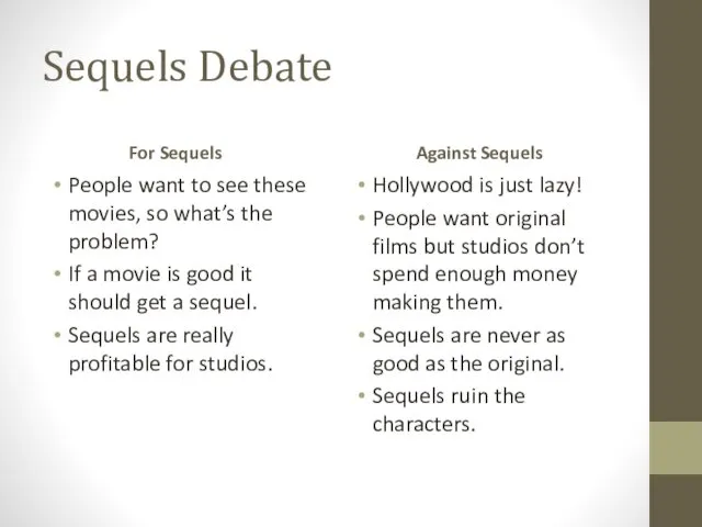 Sequels Debate For Sequels People want to see these movies,