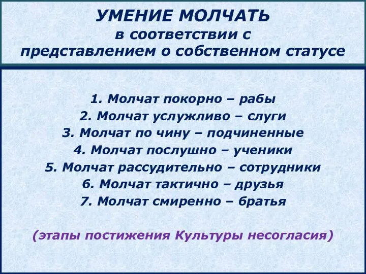 УМЕНИЕ МОЛЧАТЬ в соответствии с представлением о собственном статусе 1.