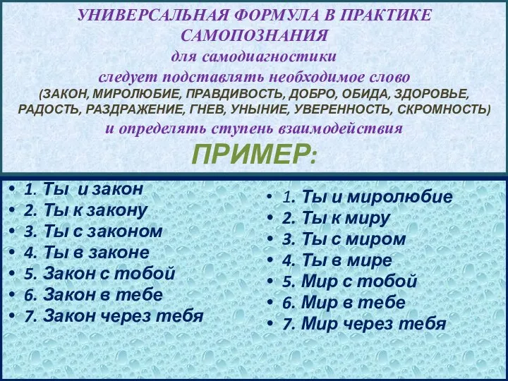 УНИВЕРСАЛЬНАЯ ФОРМУЛА В ПРАКТИКЕ САМОПОЗНАНИЯ для самодиагностики следует подставлять необходимое