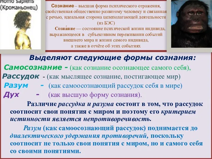 Сознание – высшая форма психического отражения, свойственная общественно развитому человеку