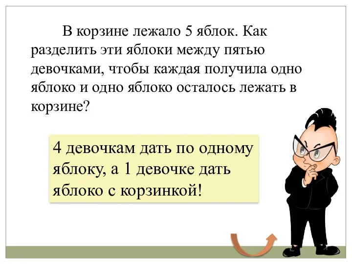 В корзине лежало 5 яблок. Как разделить эти яблоки между