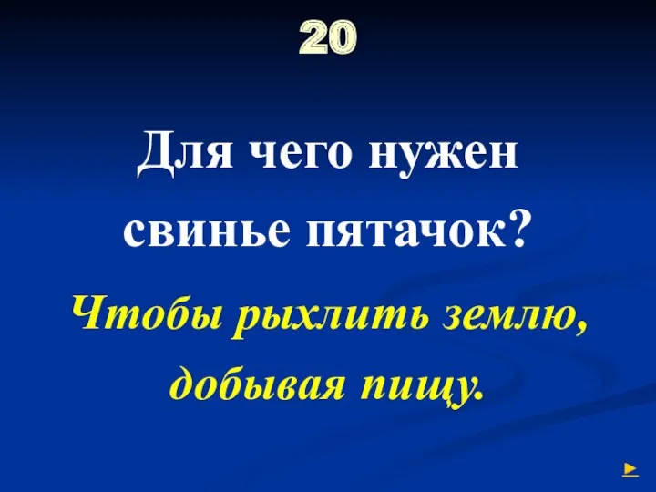 20 Для чего нужен свинье пятачок? Чтобы рыхлить землю, добывая пищу. ►