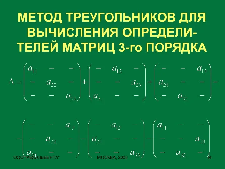 ООО "РЕЗОЛЬВЕНТА" МОСКВА, 2009 МЕТОД ТРЕУГОЛЬНИКОВ ДЛЯ ВЫЧИСЛЕНИЯ ОПРЕДЕЛИ-ТЕЛЕЙ МАТРИЦ 3-го ПОРЯДКА