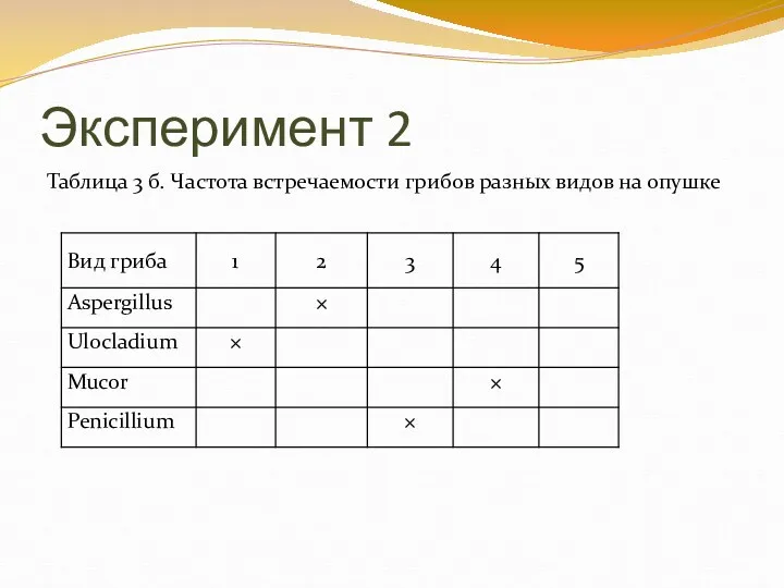 Эксперимент 2 Таблица 3 б. Частота встречаемости грибов разных видов на опушке