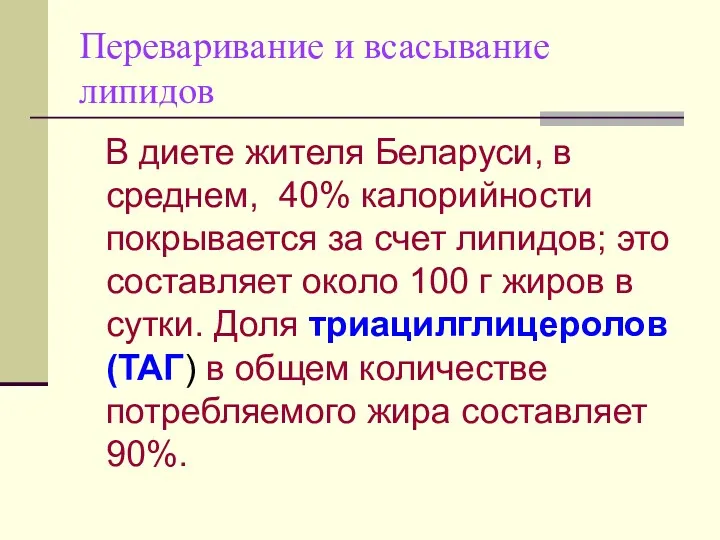 Переваривание и всасывание липидов В диете жителя Беларуси, в среднем,