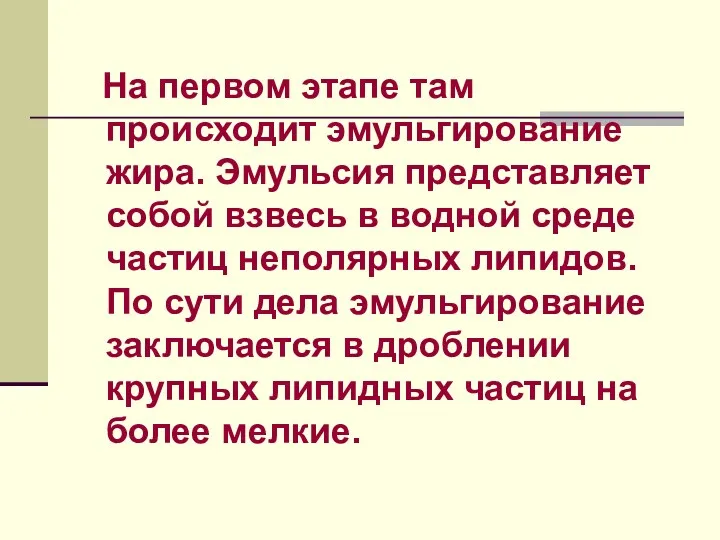 На первом этапе там происходит эмульгирование жира. Эмульсия представляет собой