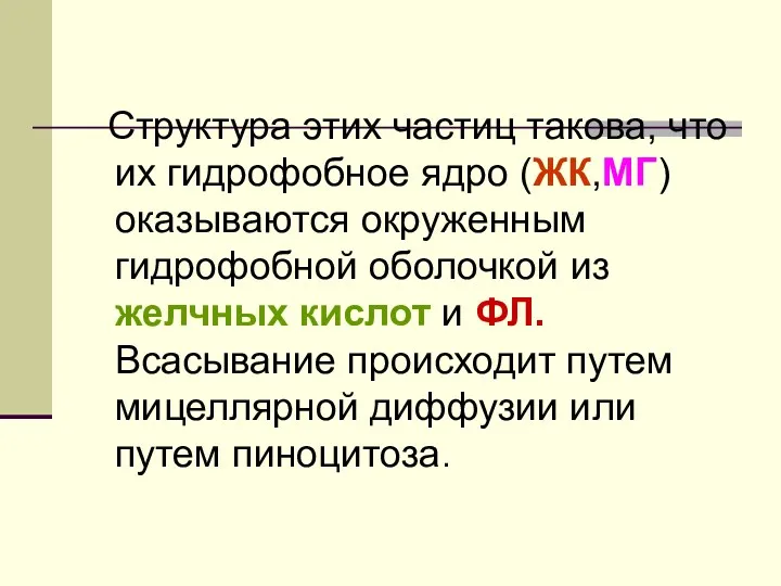 Структура этих частиц такова, что их гидрофобное ядро (ЖК,МГ) оказываются