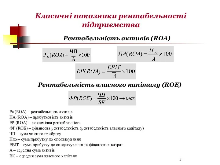 Рентабельність активів (ROA) Ра (ROA) – рентабельність активів ПА (ROA) – прибутковість активів