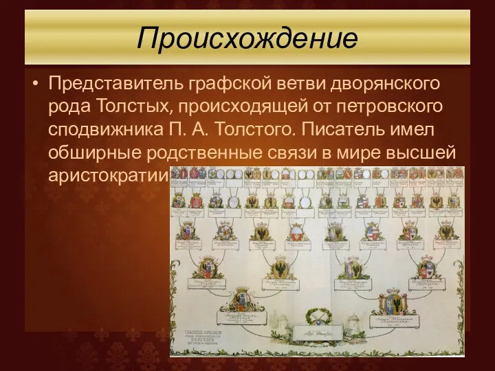 Происхождение Представитель графской ветви дворянского рода Толстых, происходящей от петровского сподвижника П. А.