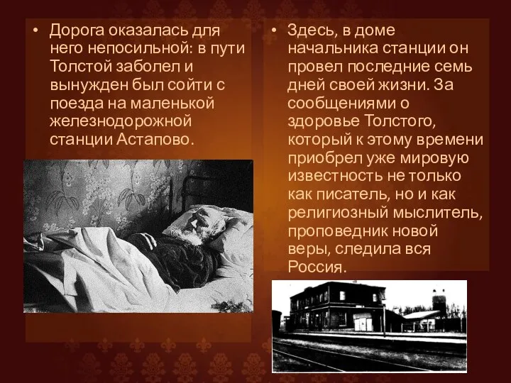 Дорога оказалась для него непосильной: в пути Толстой заболел и