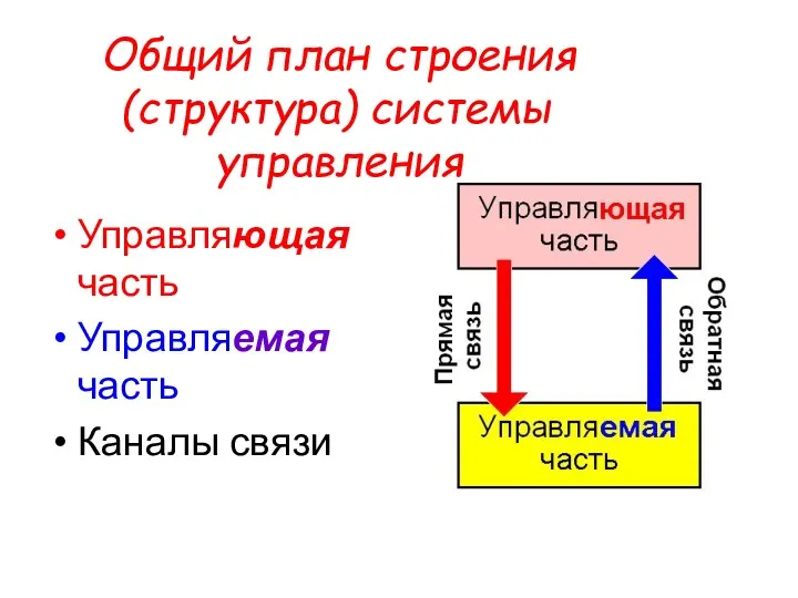 Общий план строения (структура) системы управления Управляющая часть Управляемая часть Каналы связи