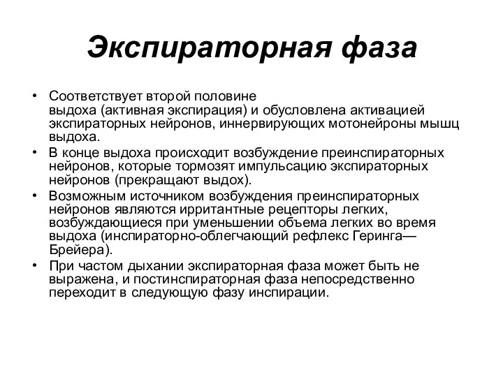 Экспираторная фаза Соответствует второй половине выдоха (активная экспирация) и обусловлена активацией экспираторных нейронов,