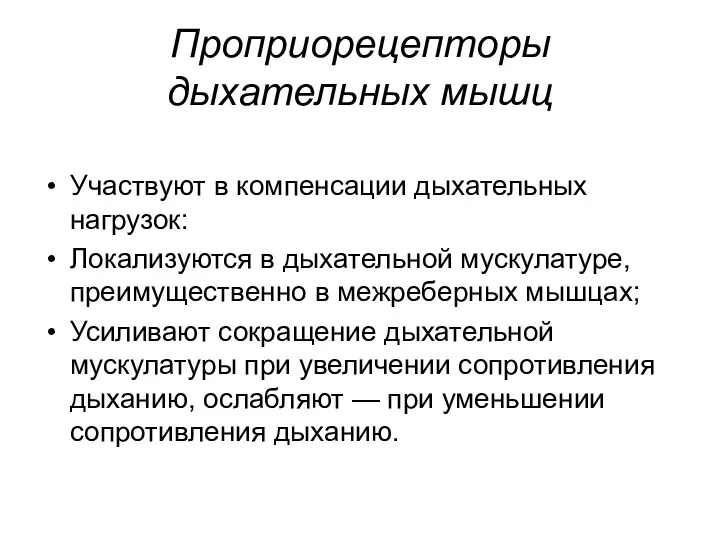 Проприорецепторы дыхательных мышц Участвуют в компенсации дыхательных нагрузок: Локализуются в дыхательной мускулатуре, преимущественно