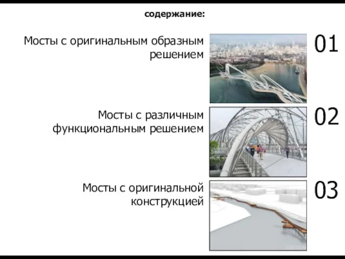 Мосты с оригинальным образным решением Мосты с различным функциональным решением Мосты с оригинальной конструкцией