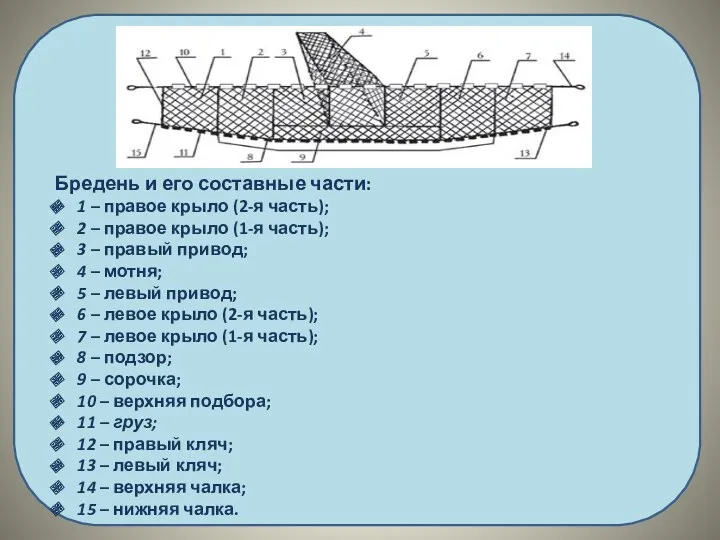 Бредень и его составные части: 1 – правое крыло (2-я