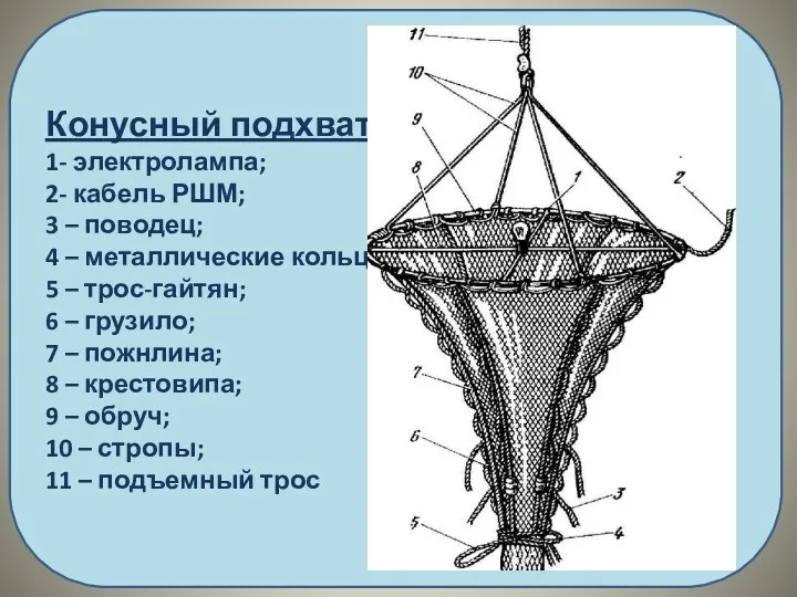 Конусный подхват: 1- электролампа; 2- кабель РШМ; 3 – поводец;