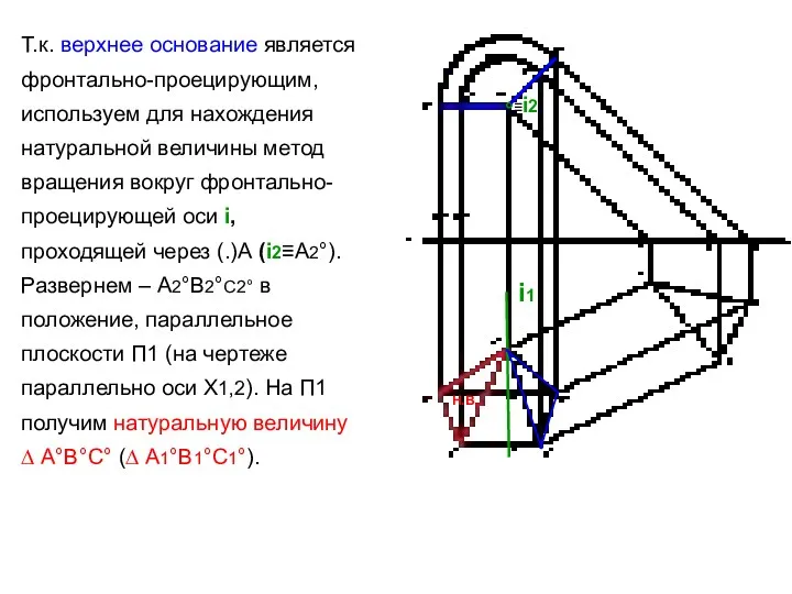 Т.к. верхнее основание является фронтально-проецирующим, используем для нахождения натуральной величины