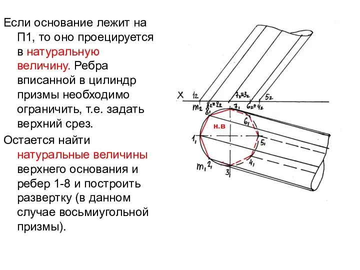 Если основание лежит на П1, то оно проецируется в натуральную