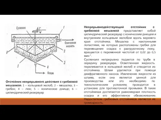 Непрерывнодействующий отстойник с гребковой мешалкой представляет собой цилиндрический резервуар с