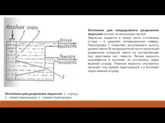 Отстойник для непрерывного разделения эмульсий состоит из нескольких частей. Эмульсия