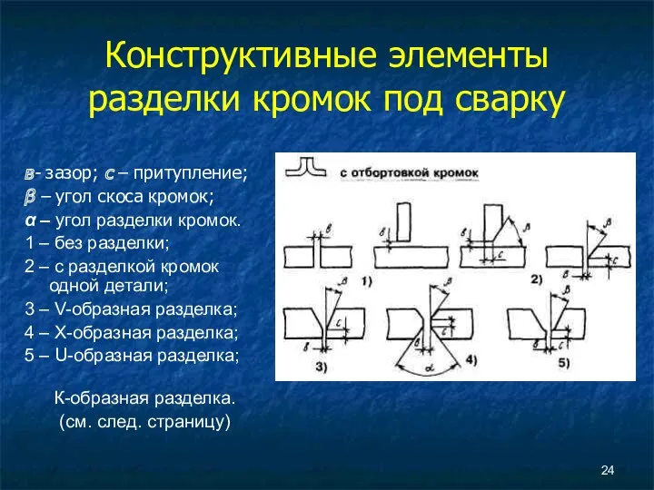 Конструктивные элементы разделки кромок под сварку в- зазор; с –